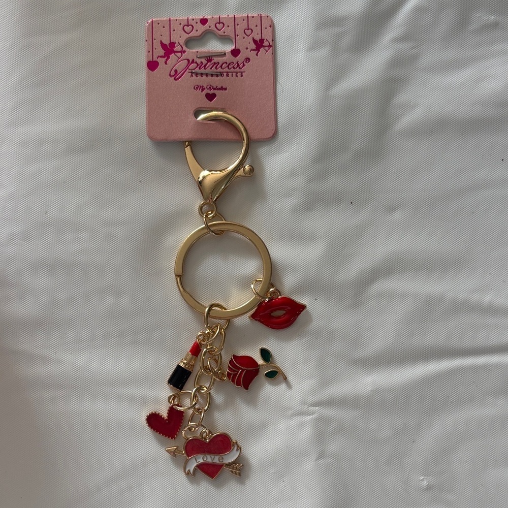 “My Valentine “ Gold Keychain / Bag Charm with Red Charms